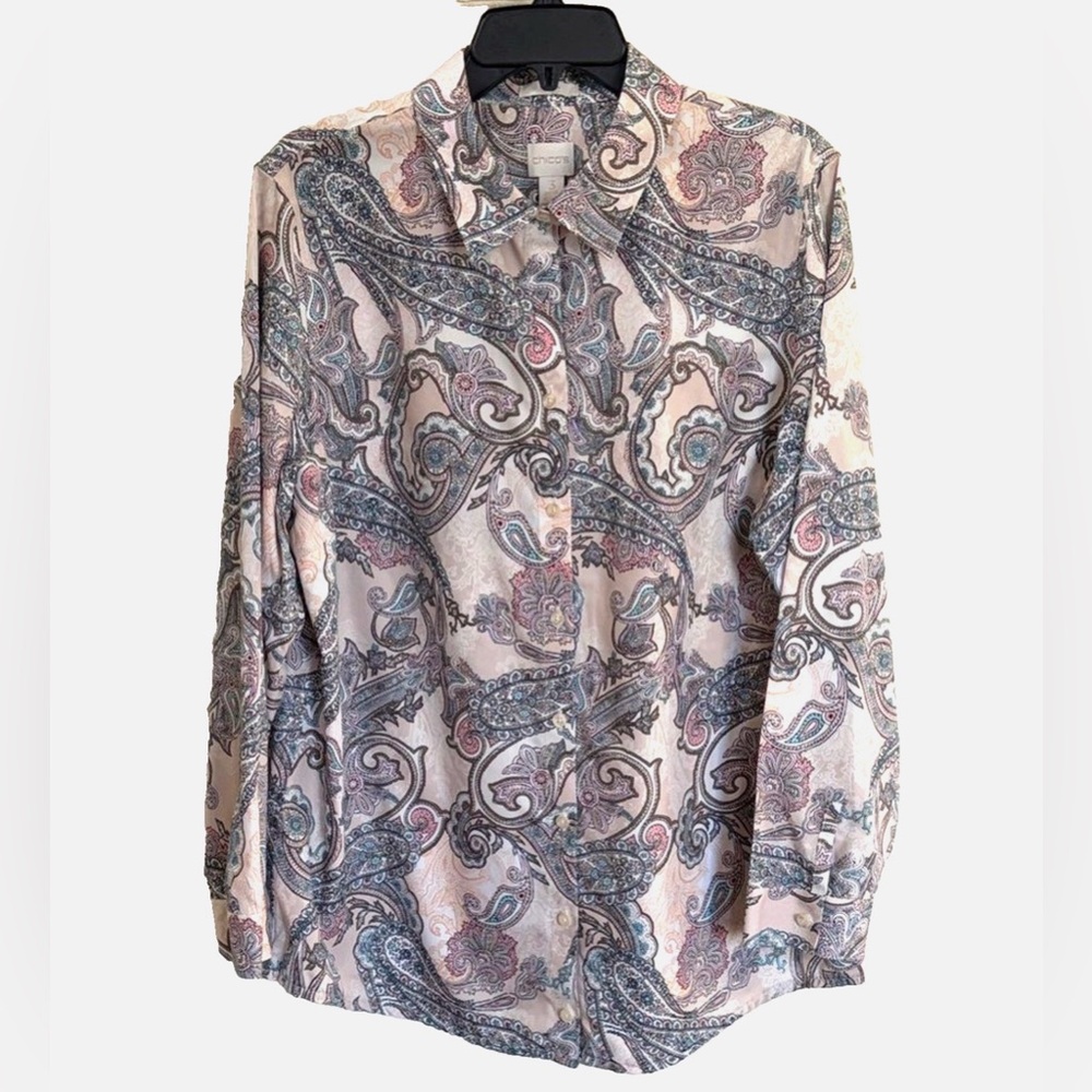 Chico’s No Iron 100% Cotton Paisley Button Down Shirt Size 3 XL Pink Blue